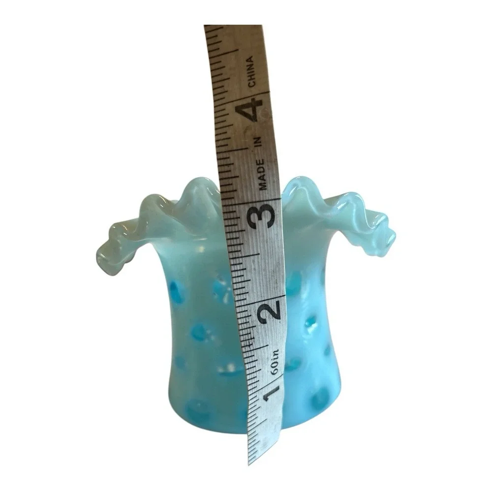 Fenton Turquoise/Aqua Opalescent Coin Dot Ruffled Glass Top Hat Vase 3